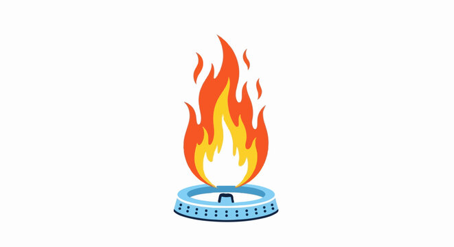 Bright flames rise from a blue gas stove burner