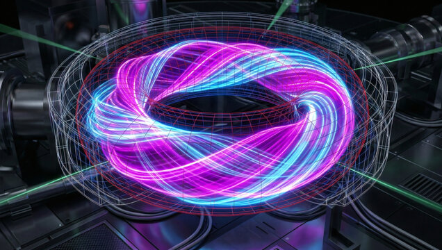 High-tech fusion reactor core containing swirling cyan and pink neon plasma within a wireframe torus