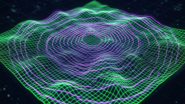 Abstract topographic isoline map with glowing green and purple neon wireframe ripples on a dark grid