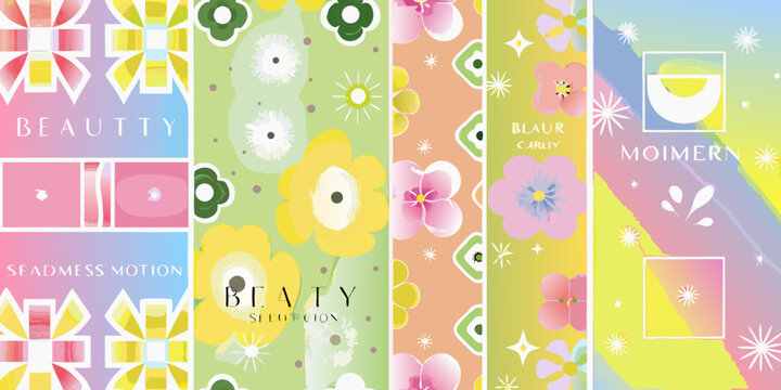 Colorful patterned backgrounds with floral motifs and abstract text designs
