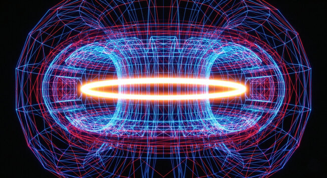 Wireframe tokamak fusion reactor core with a glowing neon orange plasma ring on a dark background