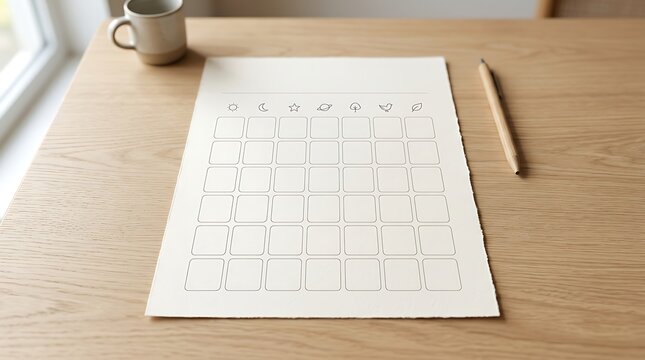 A mood tracker with a pencil and a cup on a wooden desk