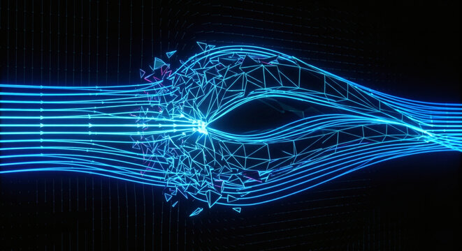 Glowing blue neon aerodynamic flow lines shattering into geometric polygons against a dark void
