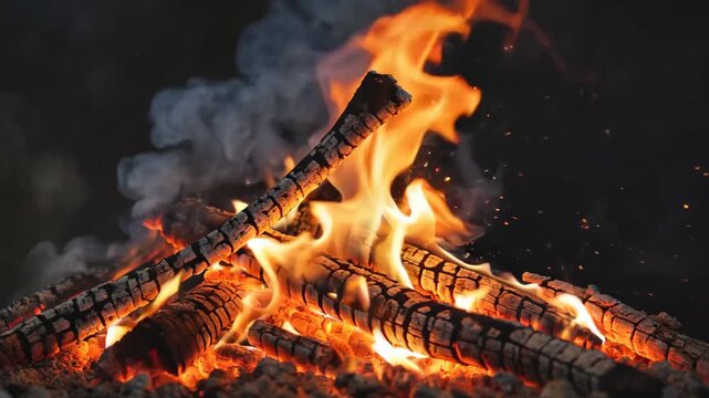 Close-up footage of a burning bonfire