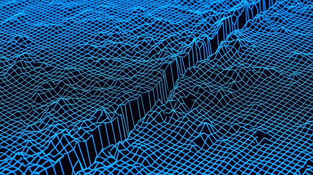 Abstract blue neon wireframe landscape grid with a deep geometric trench on a dark background.