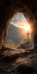 Naklejka na ściany i meble Empty Tomb View of Christian Cross on a Hill at Sunrise for Easter Resurrection 