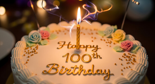 A beautifully decorated cake celebrates a momentous 100th birthday on transparent background