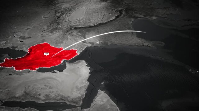 A geographical Visual showing distance between Iran and Diego Gracia with Glowing outlines and dark world map background