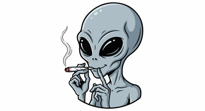 Cartoon alien with large eyes smoking a cigarette and making a shushing gesture