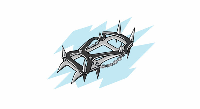 Illustrated climbing crampons with sharp metal spikes and a chain on a blue lightning background