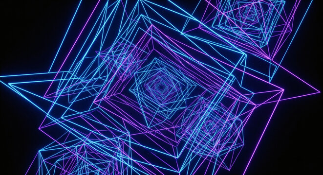 Abstract dark space filled with nested rotating cyan and magenta neon wireframe cubes