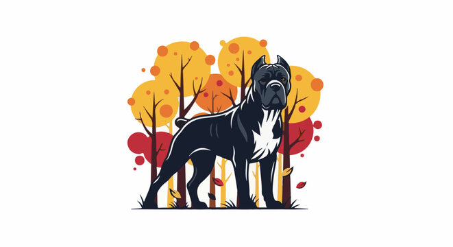 Powerful canine stands against backdrop of autumn trees
