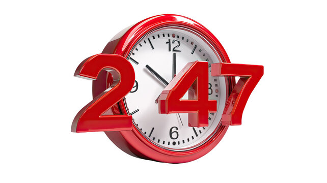 red 247 sevice clock symbol round the clock availability concept isolated on white background 