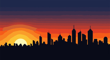 Obraz premium Silhouette of city skyline against a vibrant sunset with layered orange and yellow hues