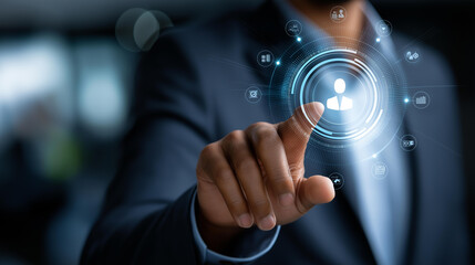 Fototapeta premium Businessman interacting with a digital employee benefits interface featuring various icons for company services, HR compensation concept, defocused background, with copy space