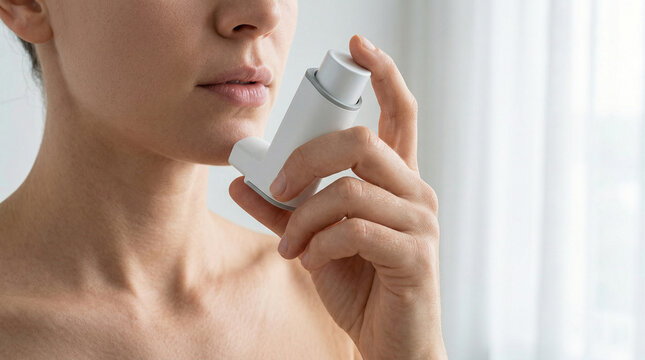 Close up of faceless woman using white asthma inhaler near bright window