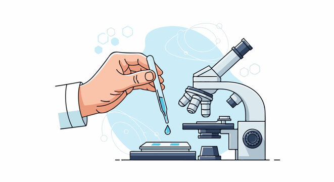Hand using a dropper to add liquid to a slide under a microscope