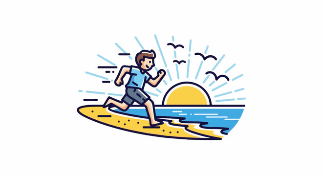 Energetic runner on sandy beach with sunrise and ocean waves