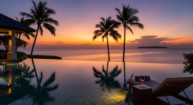 serene tropical resort pool at sunset with palm trees