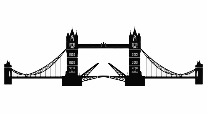 Silhouette of a famous bridge with towers and open bascules over water