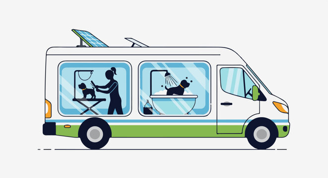 Solar-powered van offers mobile dog grooming services with a bath and drying station