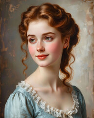 Fototapeta premium BEAUTIFUL VINTAGE FEMALE PORTRAIT WITH RED HAIR AND SOFT LIGHT. ELEGANT WOMAN WITH NATURAL EXPRESSION, CLASSIC STYLE AND ARTISTIC LOOK, PERFECT FOR BEAUTY, FASHION AND TIMELESS AESTHETIC CONCEPT.