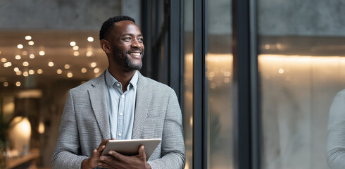 Obraz premium Confident Business Man Holding Tablet in Modern Office