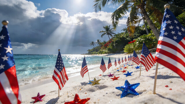 Independence Day beach with red white blue flags on sand, blue sea sky, palm trees, 3D render, patriotic colors, holiday celebration backgrounds, summer vacation, festive atmosphere