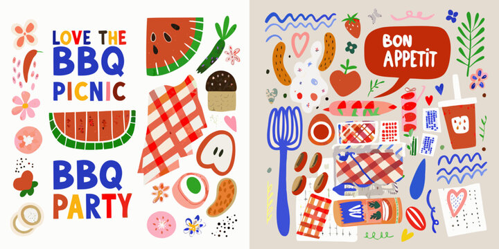 Colorful illustration featuring summer barbecue and picnic themed doodles and text