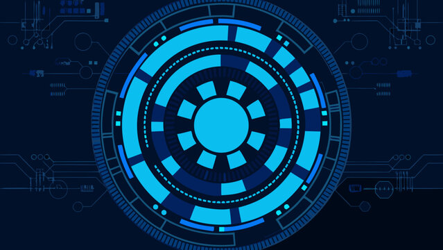 Futuristic blue circular interface with digital circuit board background