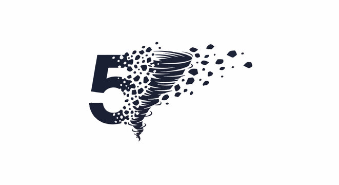 Stylized number 5 dissolving into a tornado of debris