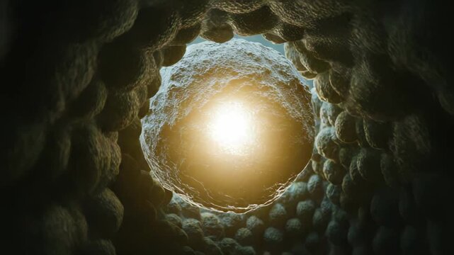 Central cell with glowing nucleus surrounded by numerous other cells, creating a biological opening, symbolizing new life, growth, and scientific discovery at a microscopic level