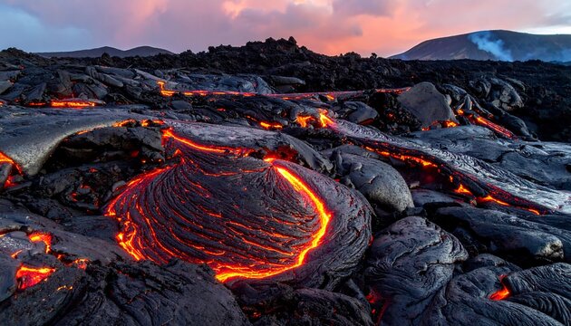 Flowing lava field against a colorful dusk sky, volcanic landscape, textures, and heat