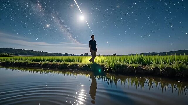 Starry Night Over Rice Fields Silhouette Man on Ridge with Meteor Shower 4K Ultra HD