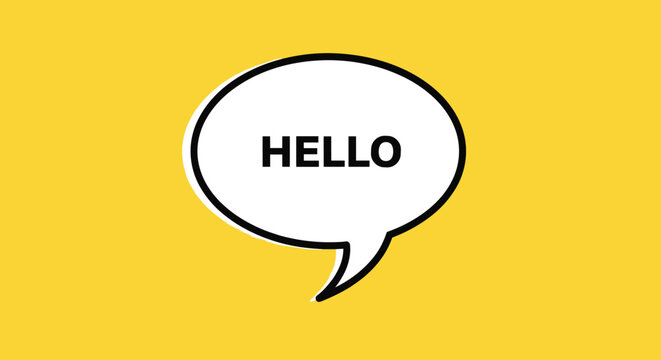 Hello greeting message in a white speech bubble on a bright yellow background for communication and chat concepts.