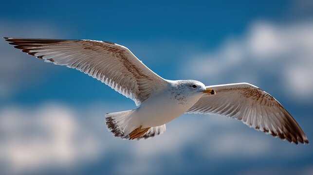 Single seagull in flight captured from dramatic low angle perspective against bright clear azure sky with wings fully extended in graceful soaring posture