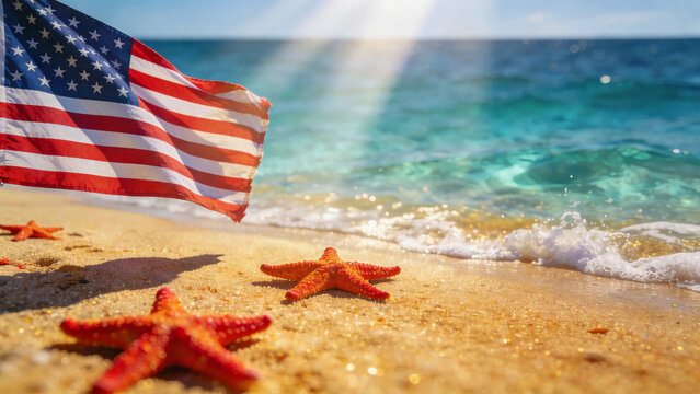 Patriotic beach scene with American flag waving over golden sand and starfish. Turquoise water, sunlight Tyndall effect, cinematic light. Festive celebration. Ideal for holiday backgrounds.