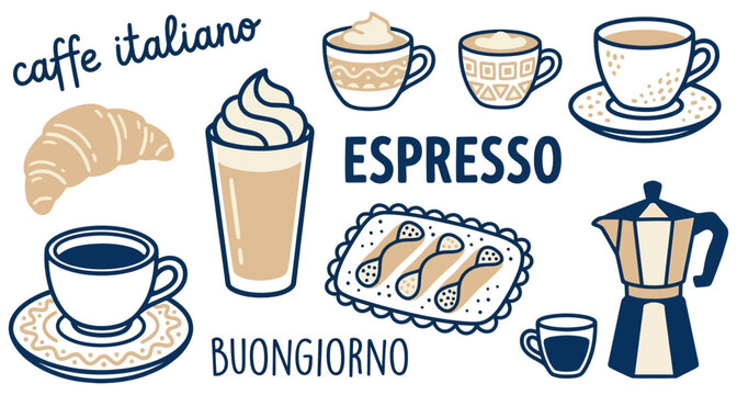 A whimsical collection of Italian coffee drinks a croissant cannoli and a moka pot featuring the words 'caffe italiano' 'espresso' and 'buongiorno' cafe breakfast beverage