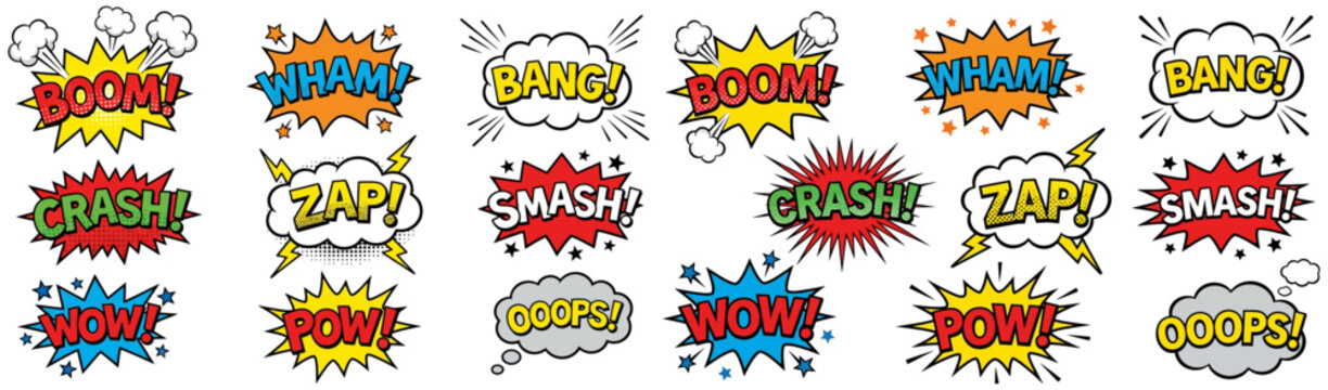 A collection of comic book sound effect word bubbles featuring Boom Wham Bang Crash Zap Smash Wow Pow and Ooops in vibrant colors and explosive starburst shapes explosion