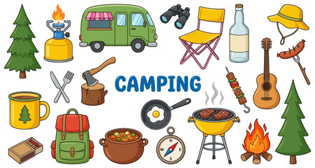Naklejka premium A collection of illustrative icons representing camping gear and activities including a tent trailer campfire grill food and musical instruments outdoor adventure travel nature
