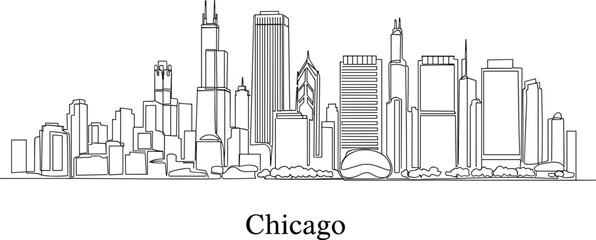 Fototapeta premium Chicago skyline line art cityscape architecture buildings minimal outline urban cad drawing flat vector illustration design isolated city concept