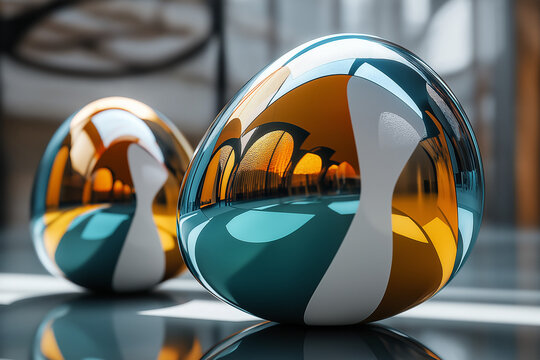 Abstract geometric Easter eggs with metallic reflections, futuristic 3D render