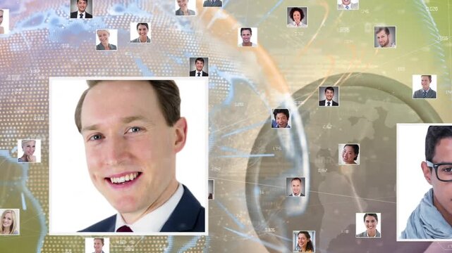 Animation of user photos, data processing and globe on yellow background
