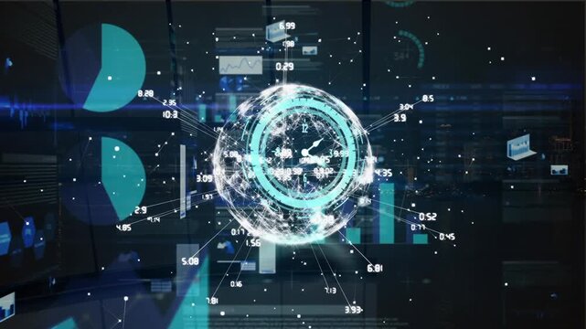 Animation of clock over digital interface on dark background