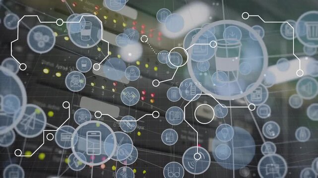 Animation of network of connections with icons over office buildings in background