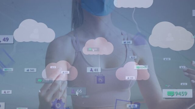 Animation of cloud icon over caucasian women meditating