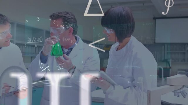 Animation of mathematical equations and symbols over diverse scientist in lab cityscape