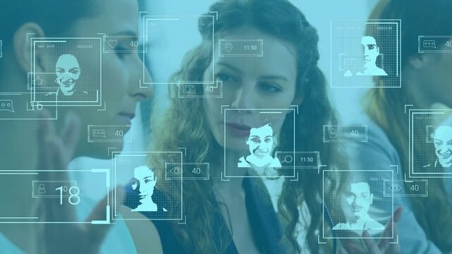 Animation of online icons over diverse business people