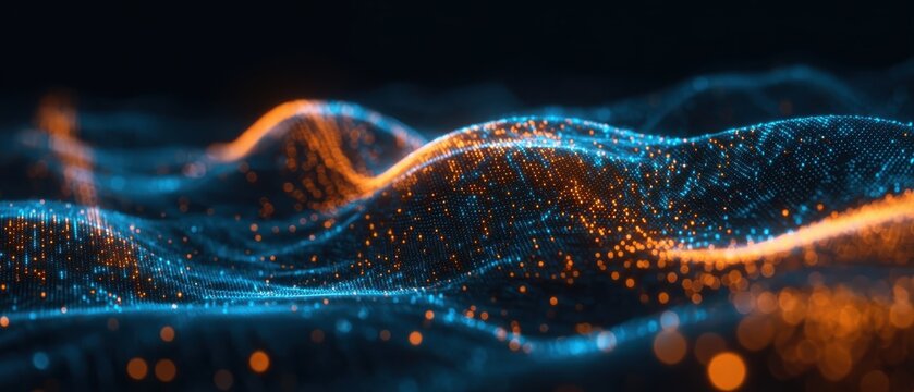 Futuristic dark wave with glowing blue and orange dots, evoking a high-tech atmosphere, great for use in software interfaces, virtual reality, or as a background for technology events.