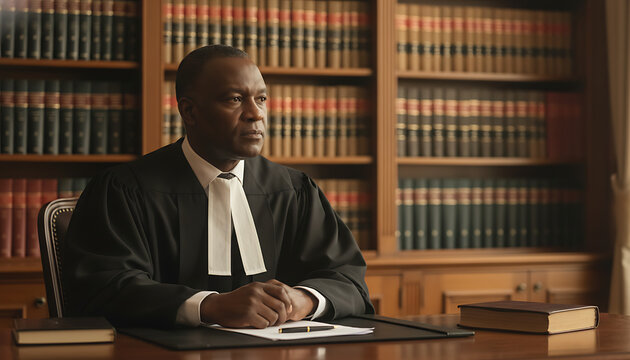 Pensive Mature Black Male Judge in Chambers, Contemplating Difficult Legal Decision, Authority, Justice System Responsibility, Judgement